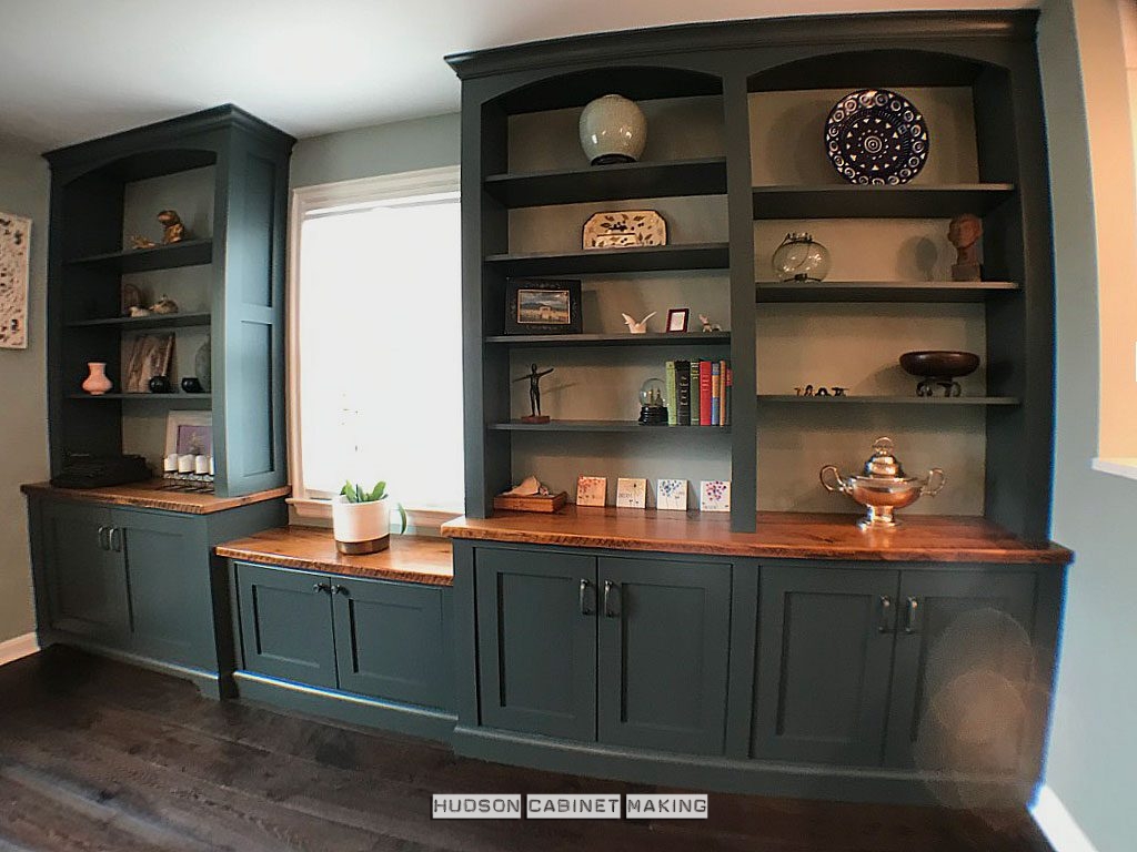 built-in cabinetry with reclaimed wood counter tops