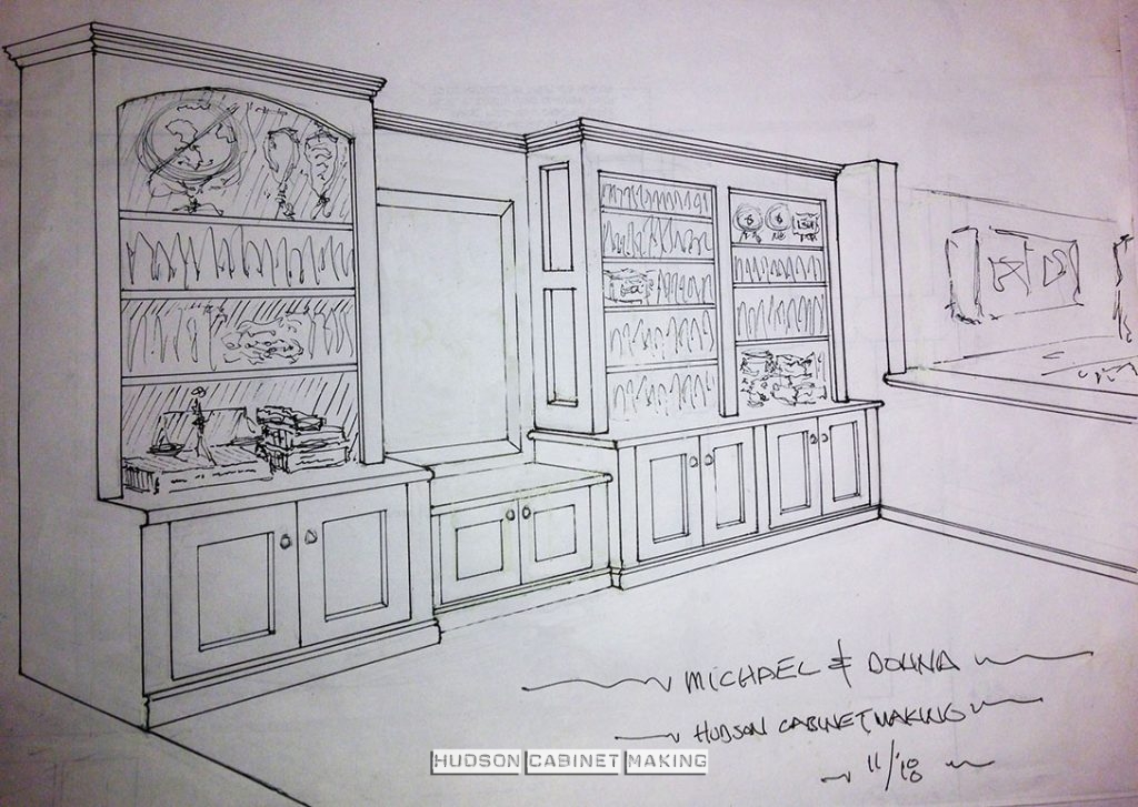 drawing of a proposed wall unit with  reclaimed counter tops